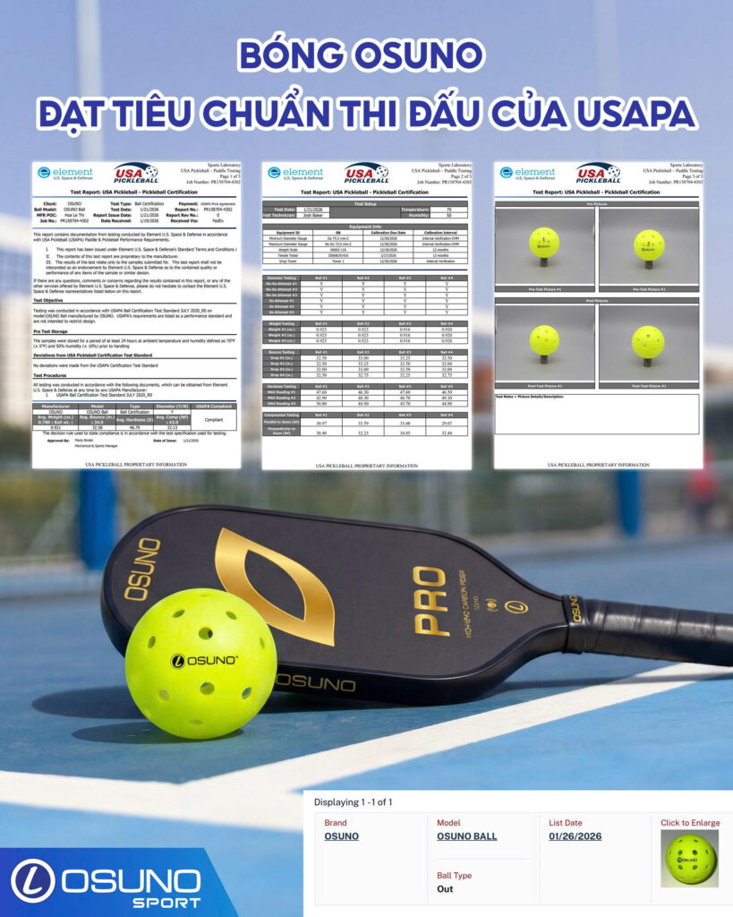 Mô tả: Bóng pickleball OSUNO 40 lỗ màu xanh neon, được sản xuất từ nhựa PE cao cấp và đạt chứng nhận USAPA, phù hợp luyện tập và thi đấu.